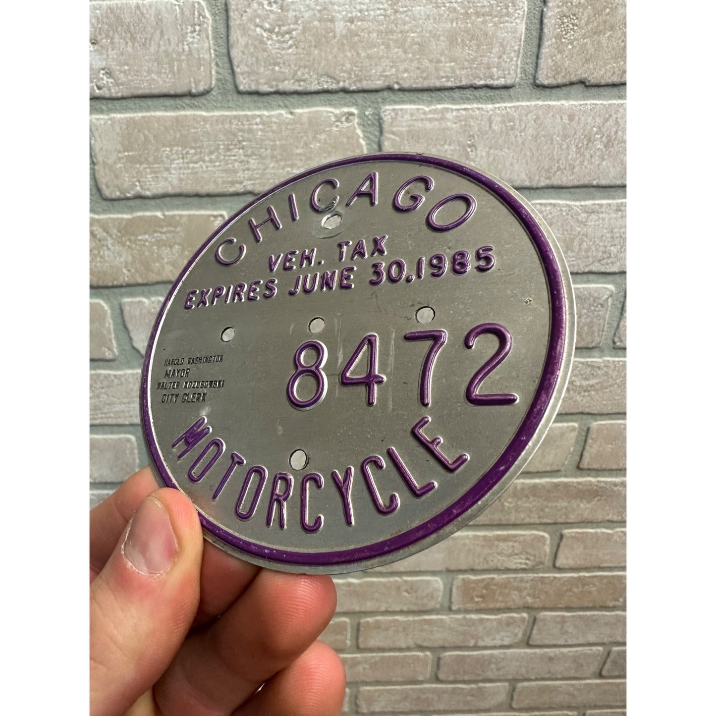 Vintage 1985 Chicago Motorcycle Vehicle Tax Tag Embossed Sign