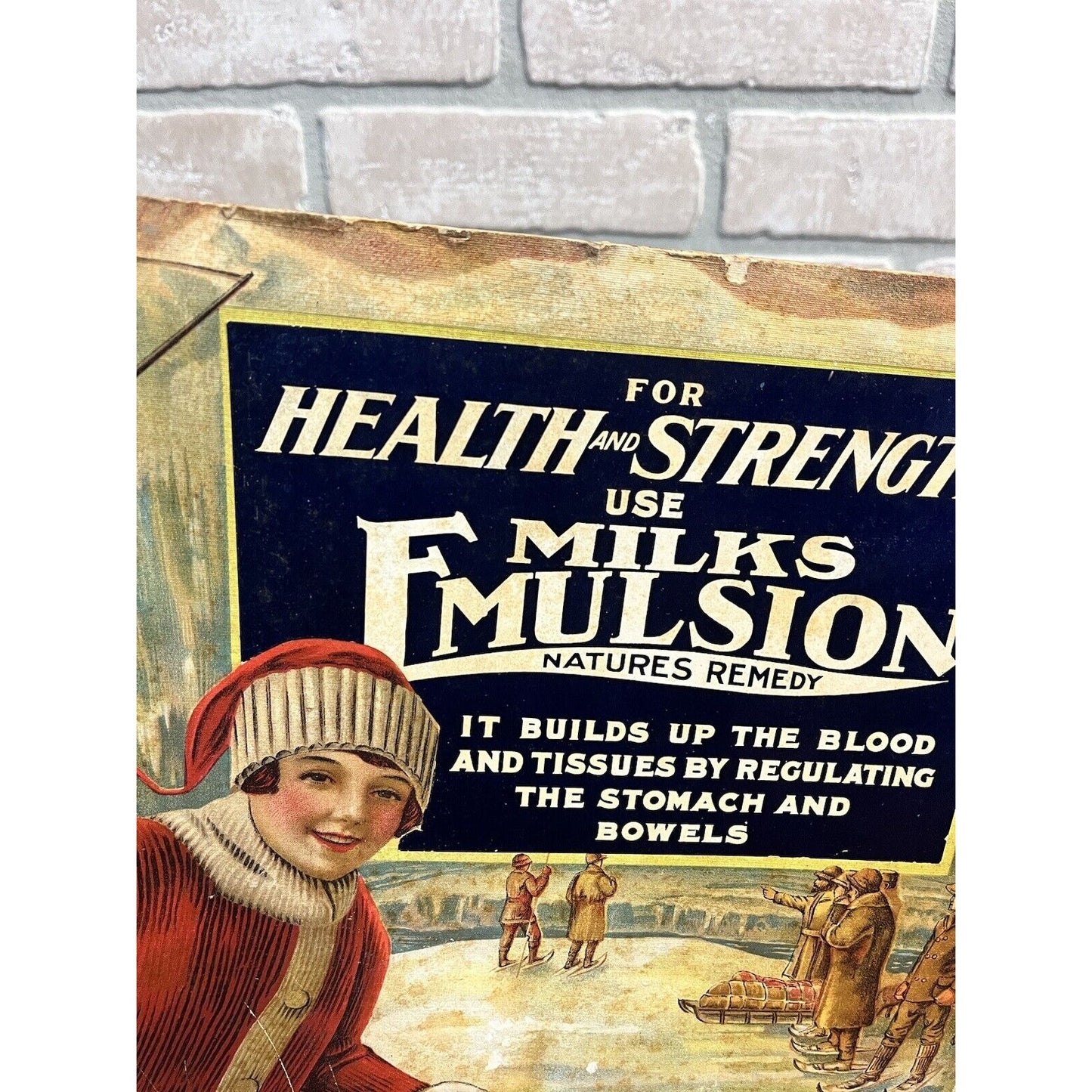 RARE Vintage Early 1900s Milks Emulsion Medicine Advertising Sign Christmas
