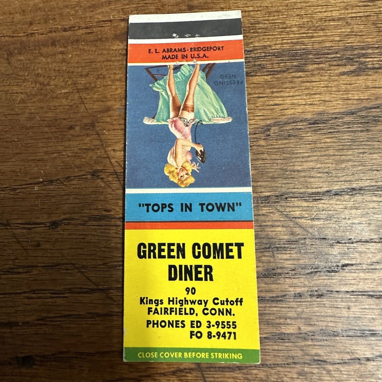 Vintage 1940s Pinup Girl Girlie Matchbook Cover Green Comet Diner Fairfield Con