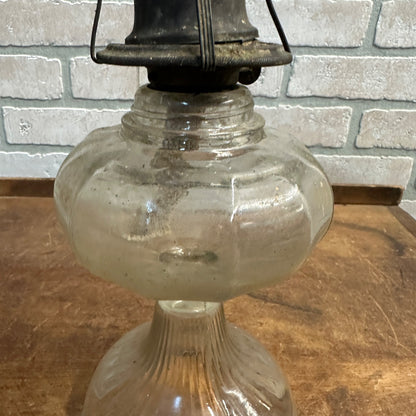 Antique Early Pressed Glass EAPG Pedestal Base Oil Lamp 12-Sided + Burner