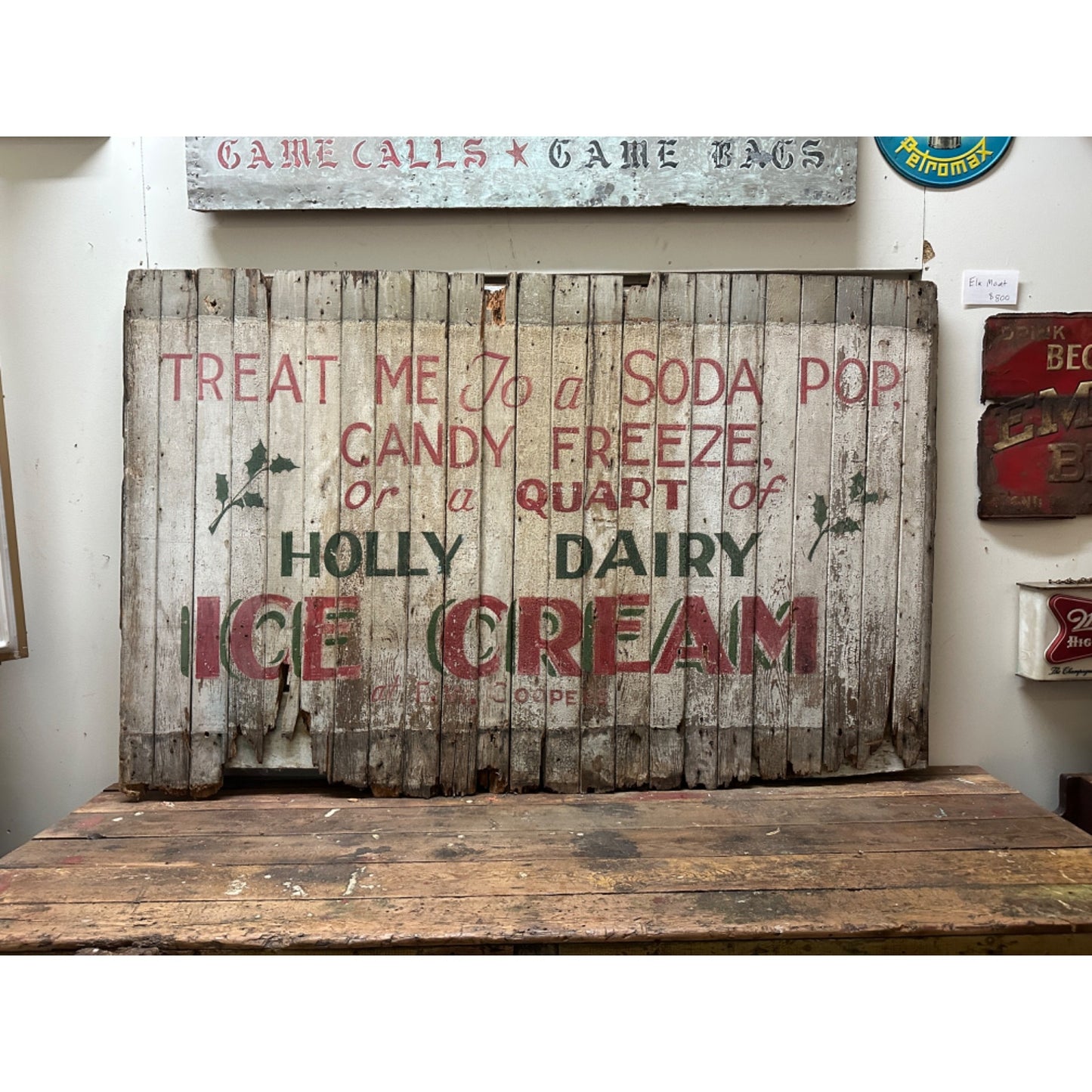 Antique Early 1900s Holly Dairy Ice Cream Painted Wooden Trade Sign Soda Store