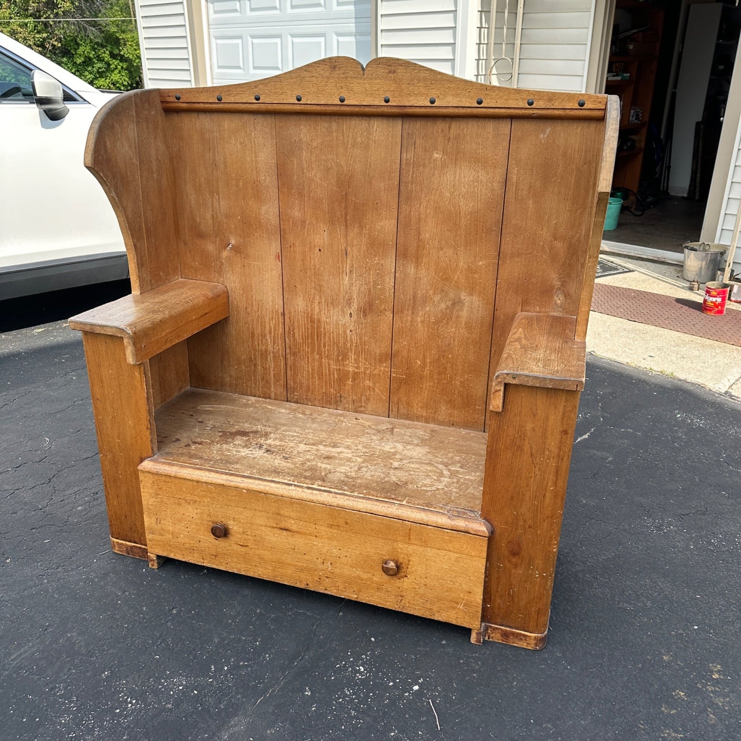 Antique Primitive Wooden Tall-Back Bench Seat Handmade