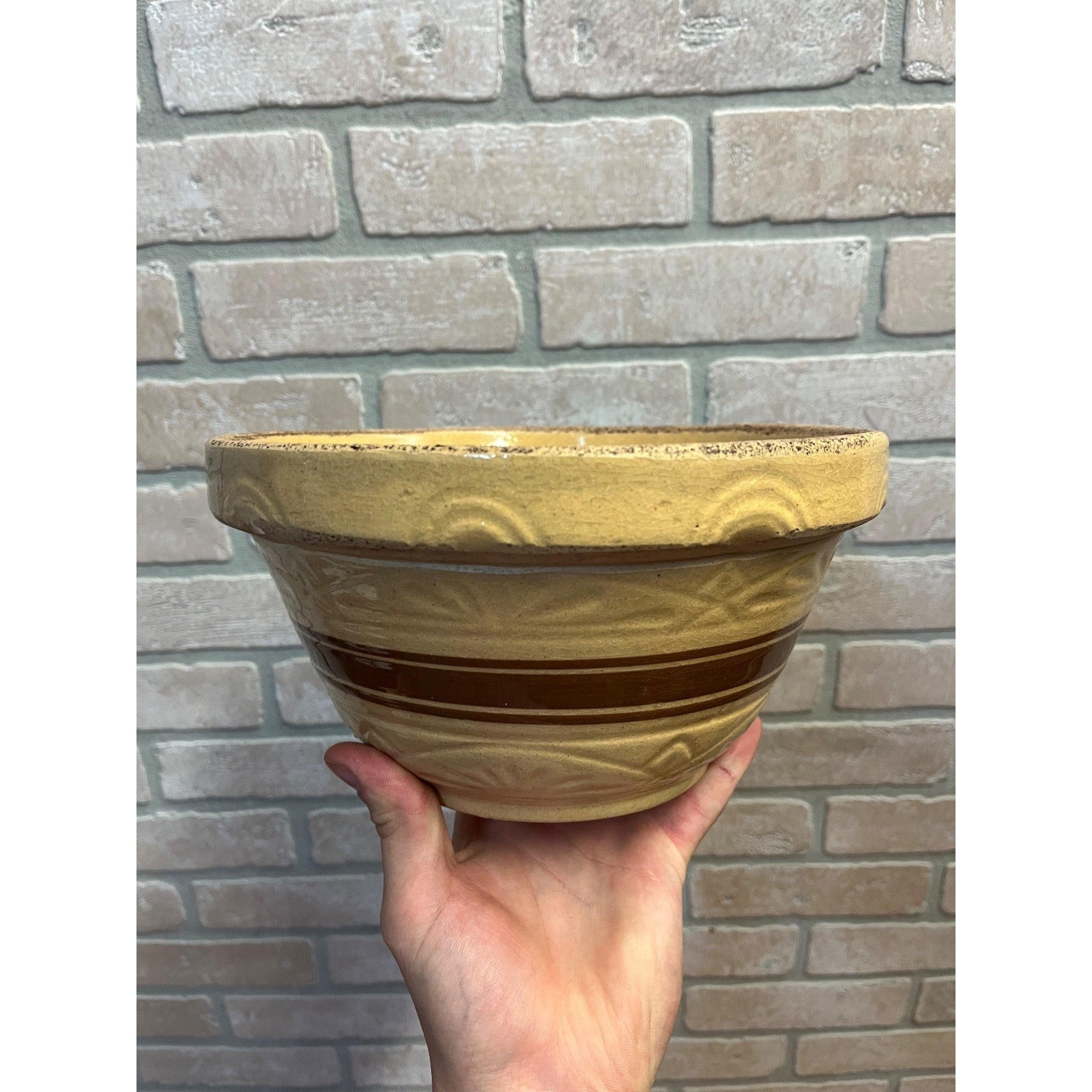 Vintage Robinson Ramsbottom Pottery Yellow Ware Primitive Stoneware 9" Large Bowl Farmhouse Kitchen Decor RRPCO