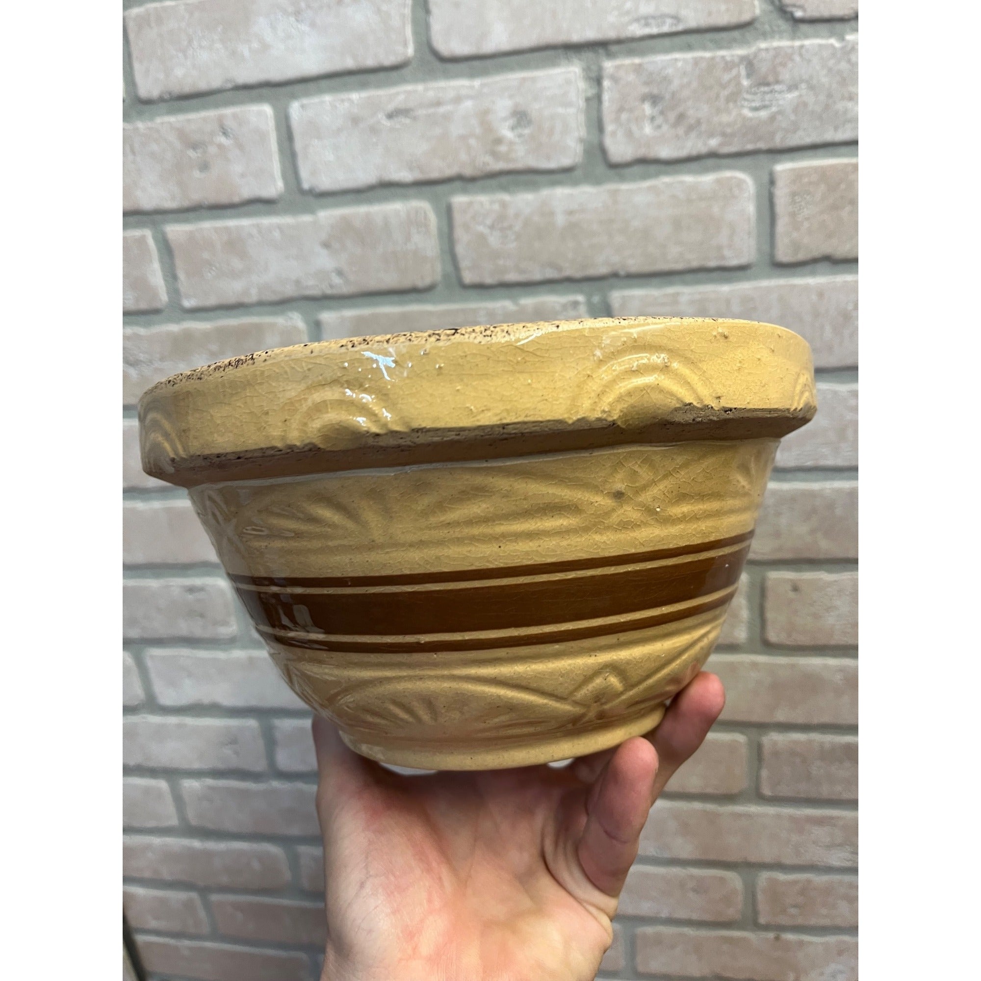Vintage Robinson Ramsbottom Pottery Yellow Ware Primitive Stoneware 9" Large Bowl Farmhouse Kitchen Decor RRPCO