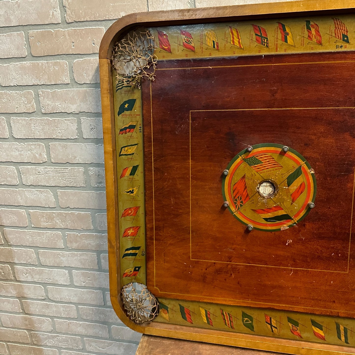 ANTIQUE "FLAGS OF THE NATION" CARROM COMBINATION BOARD GAME CIRCA 1900