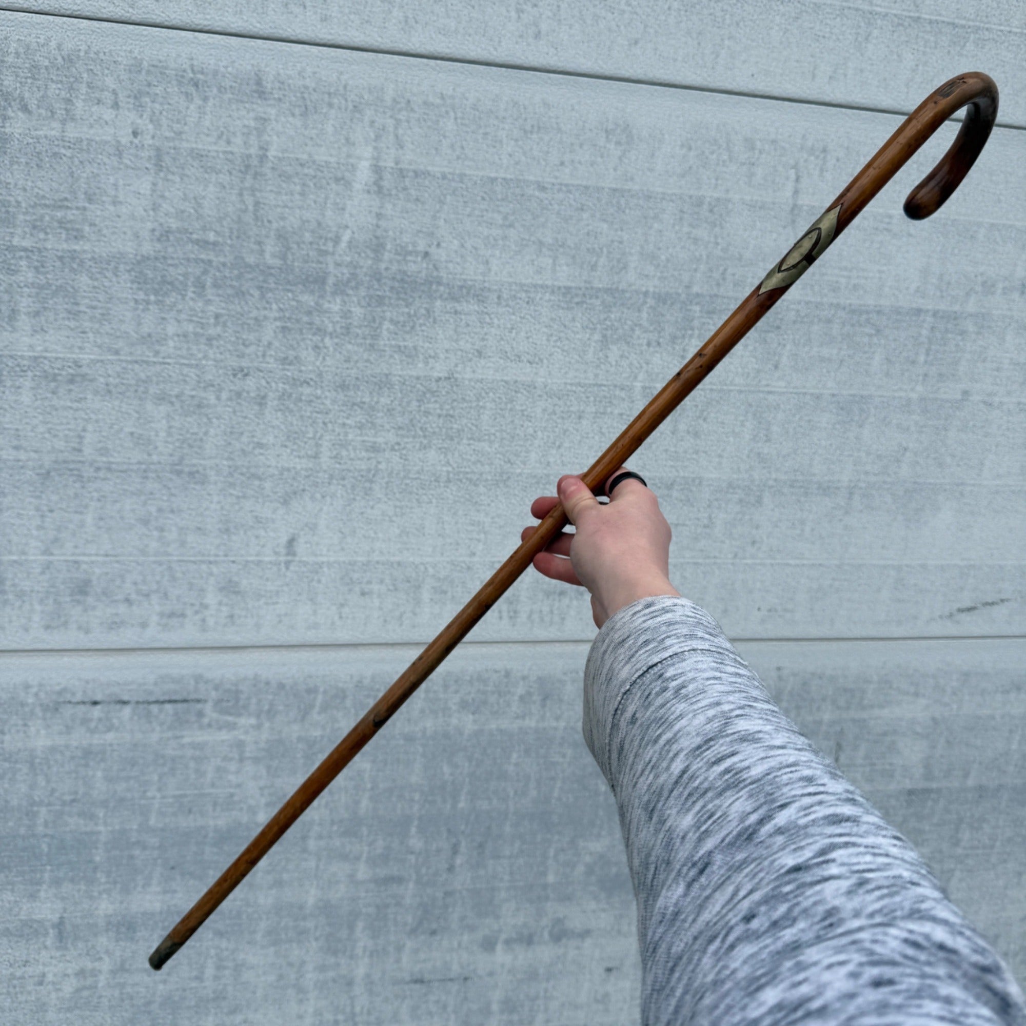 Antique Victorian Wood Cane w/Decorative Inlaid Metal Escutcheon Walking Stick