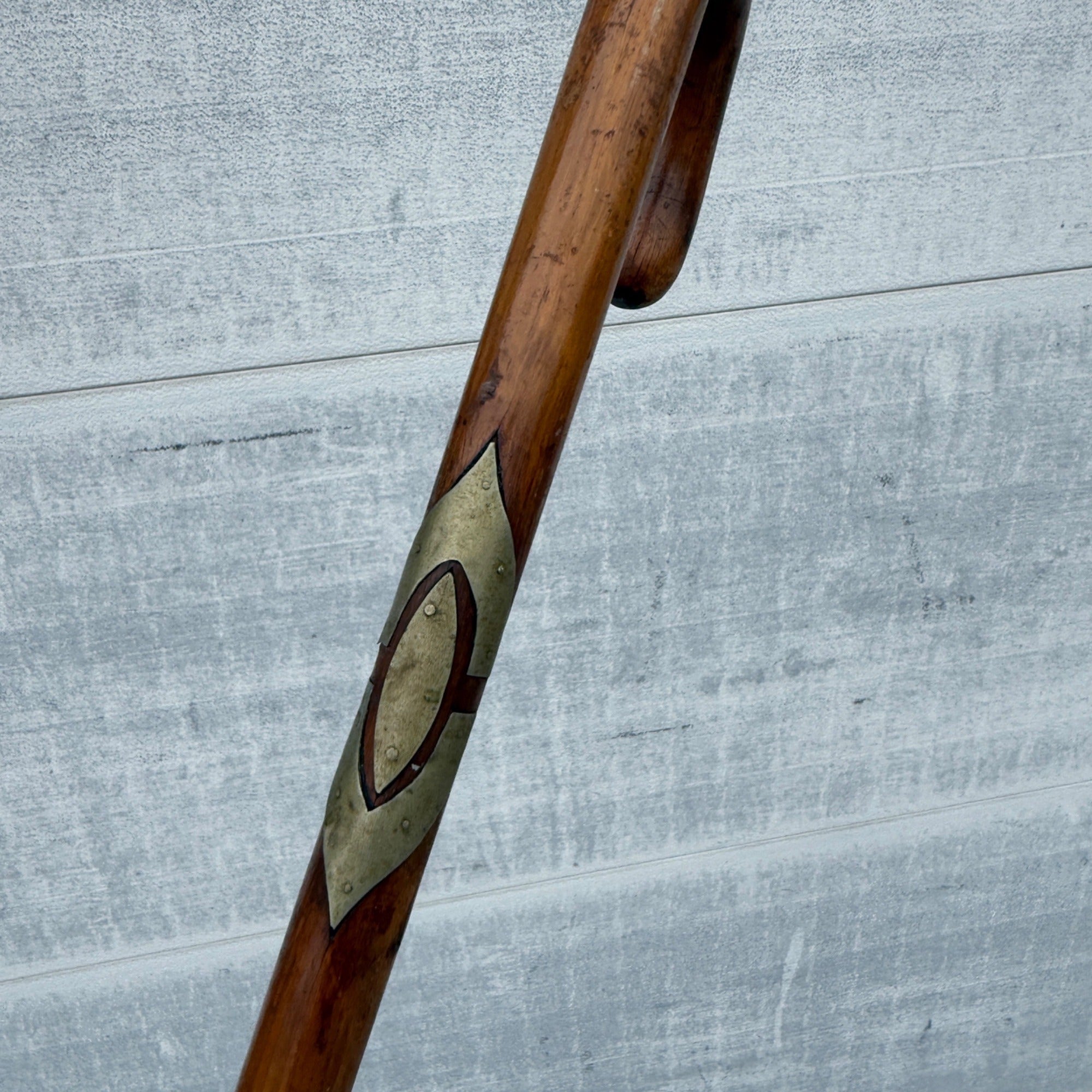 Antique Victorian Wood Cane w/Decorative Inlaid Metal Escutcheon Walking Stick