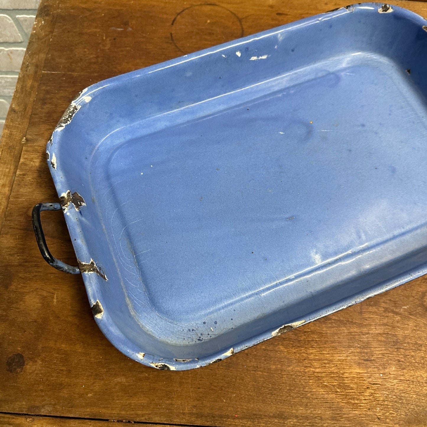 Antique Primitive Blue Swirl Enamelware Baking Dish Pan Vintage Farmhouse
