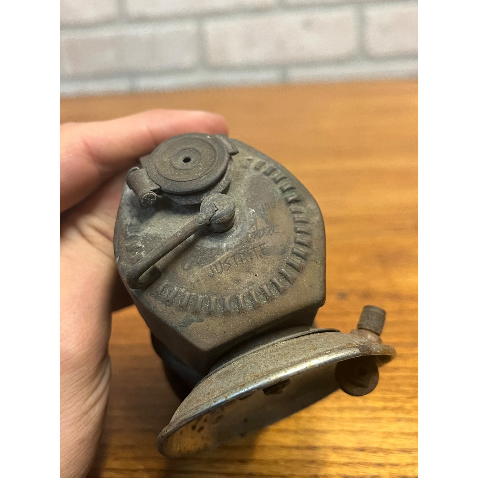 Antique Original Justrite Brass Miners Carbide Helmet Lantern Lamp Light