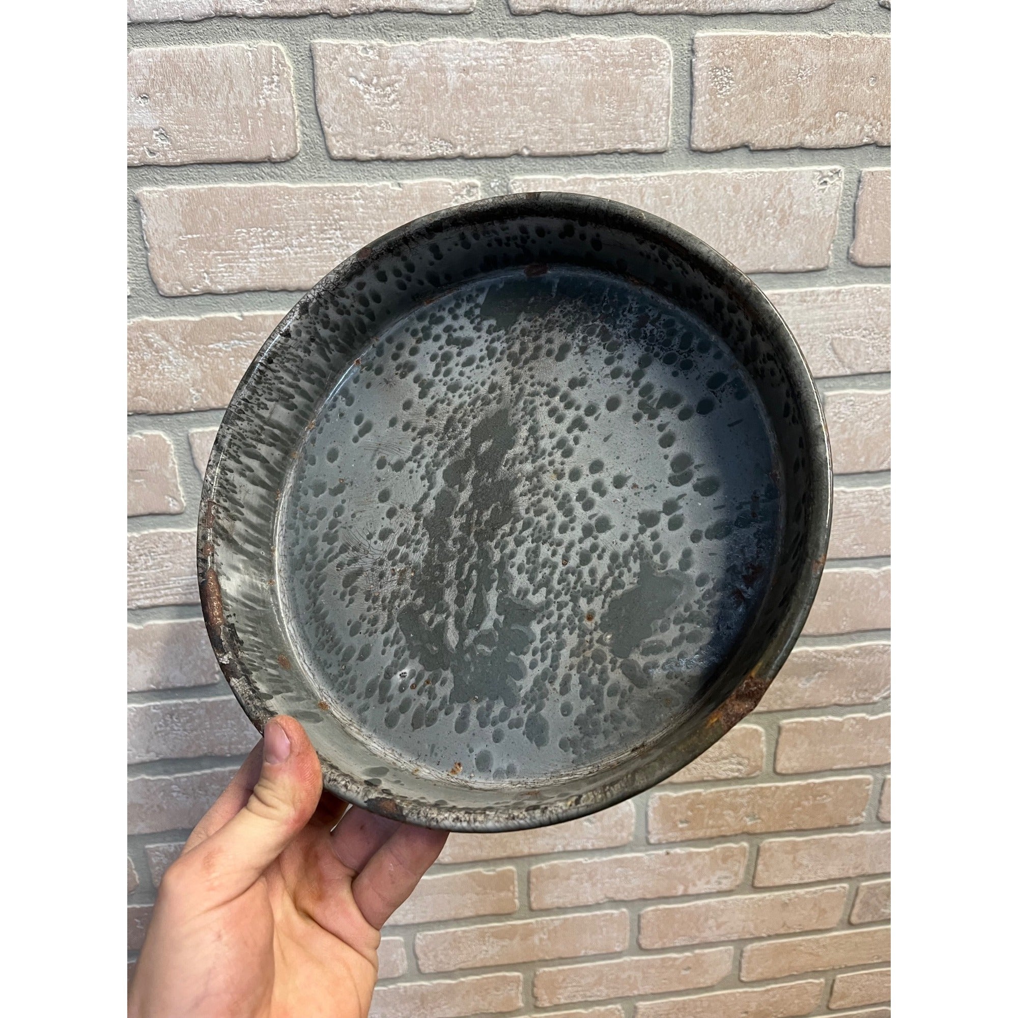 Antique Primitive Graniteware Enamelware Round Pie Plate/ Baking Dish/ Farmhouse/ Kitchen Decor, Grey