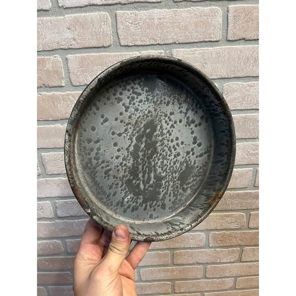Antique Primitive Graniteware Enamelware Round Pie Plate/ Baking Dish/ Farmhouse/ Kitchen Decor, Grey