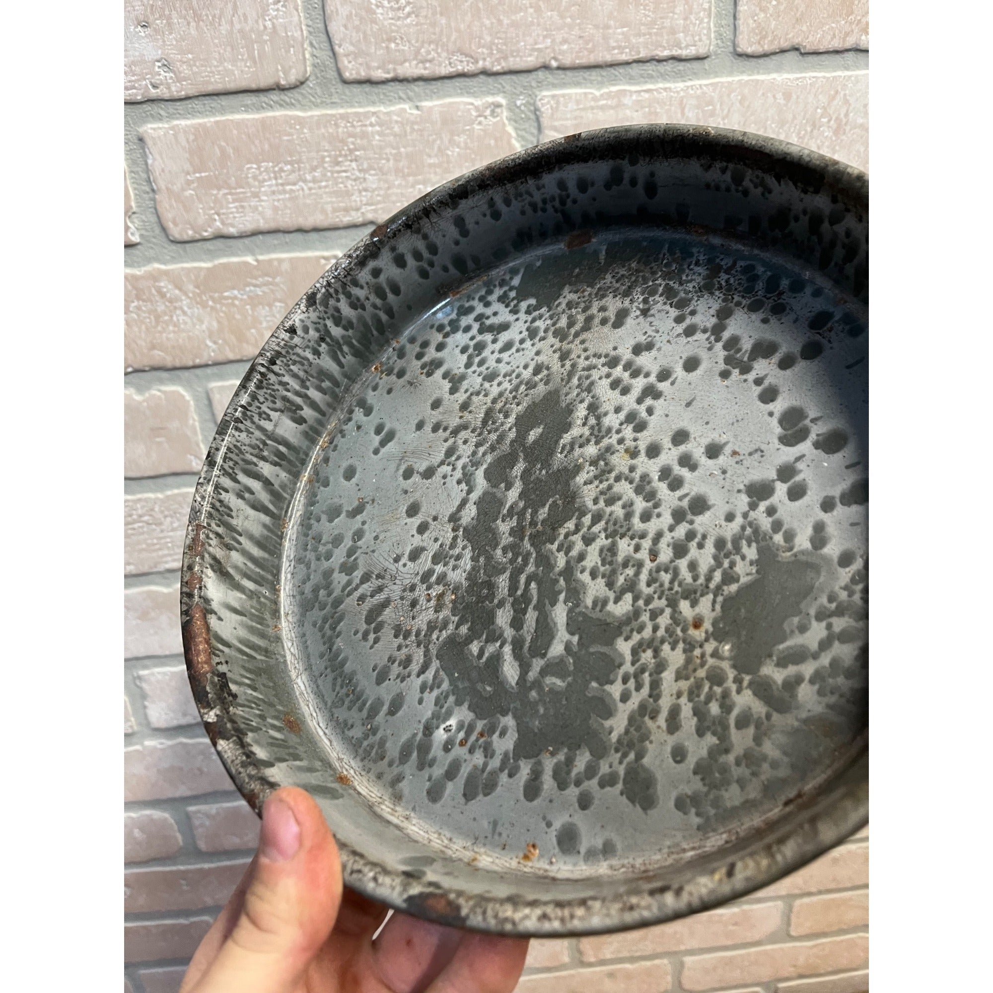 Antique Primitive Graniteware Enamelware Round Pie Plate/ Baking Dish/ Farmhouse/ Kitchen Decor, Grey