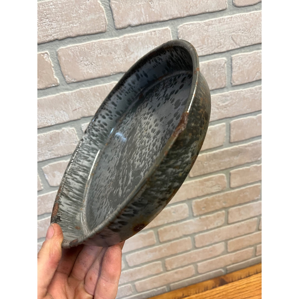 Antique Primitive Graniteware Enamelware Round Pie Plate/ Baking Dish/ Farmhouse/ Kitchen Decor, Grey