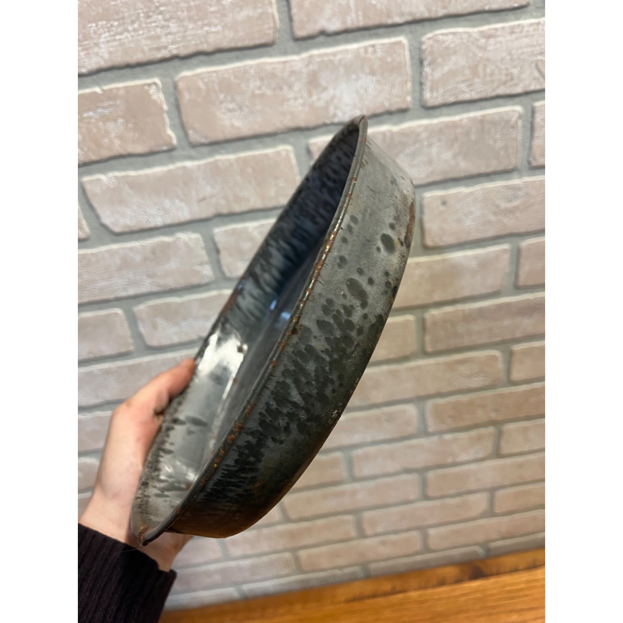 Antique Primitive Graniteware Enamelware Round Pie Plate/ Baking Dish/ Farmhouse/ Kitchen Decor, Grey