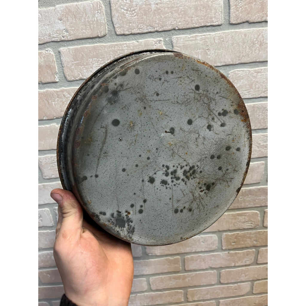 Antique Primitive Graniteware Enamelware Round Pie Plate/ Baking Dish/ Farmhouse/ Kitchen Decor, Grey
