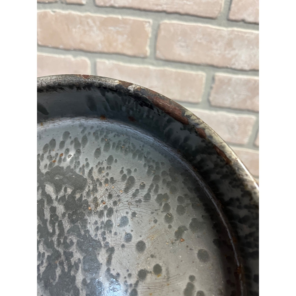 Antique Primitive Graniteware Enamelware Round Pie Plate/ Baking Dish/ Farmhouse/ Kitchen Decor, Grey