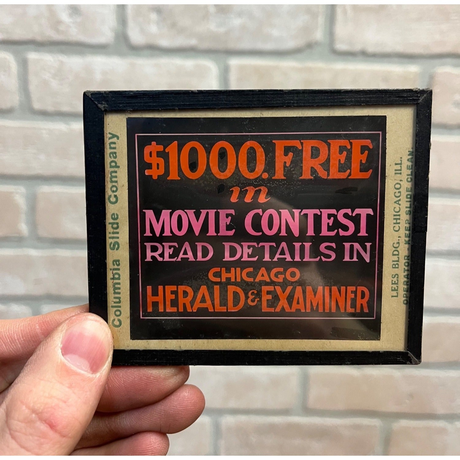 Antique Magic Lantern Glass "Movie Contest" Chicago Examiner Columbia Slide Co.