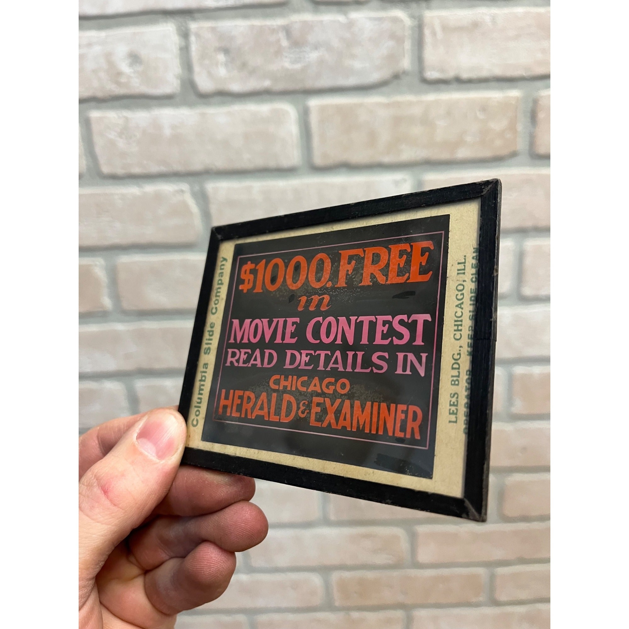 Antique Magic Lantern Glass "Movie Contest" Chicago Examiner Columbia Slide Co.