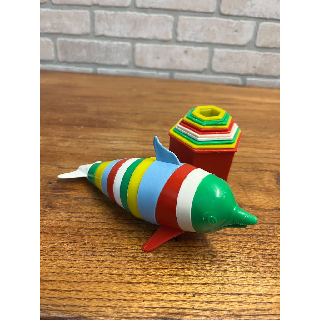 Vintage 1960s Child's Guidance Dolphin Puzzle Plastic Stacking Ring Toy + Cups
