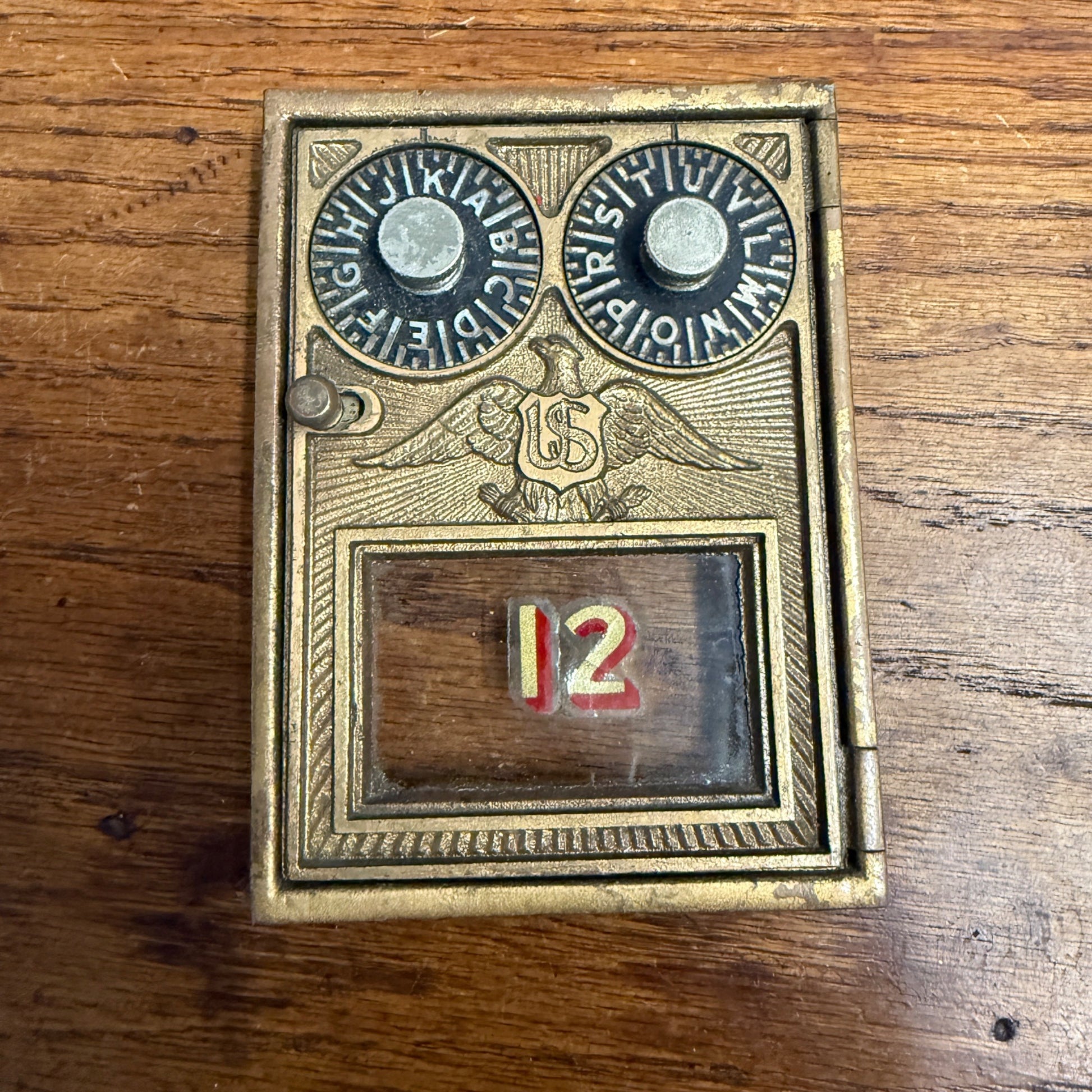 Antique Solid Brass US Post Office Eagle Box Door Corbin 2 Dial Combination USPS #12