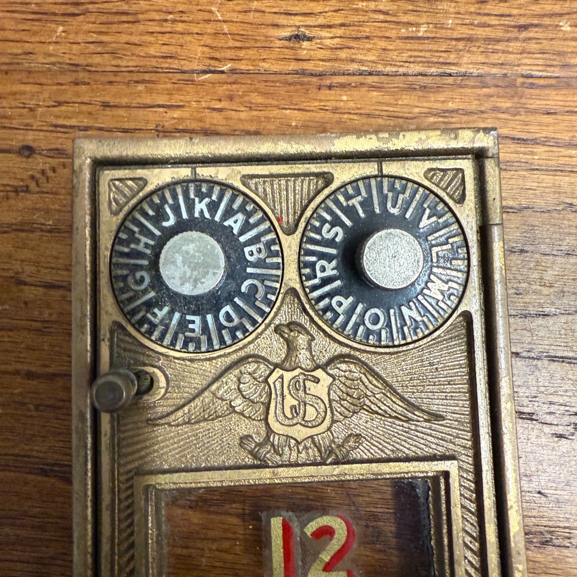 Antique Solid Brass US Post Office Eagle Box Door Corbin 2 Dial Combination USPS #12