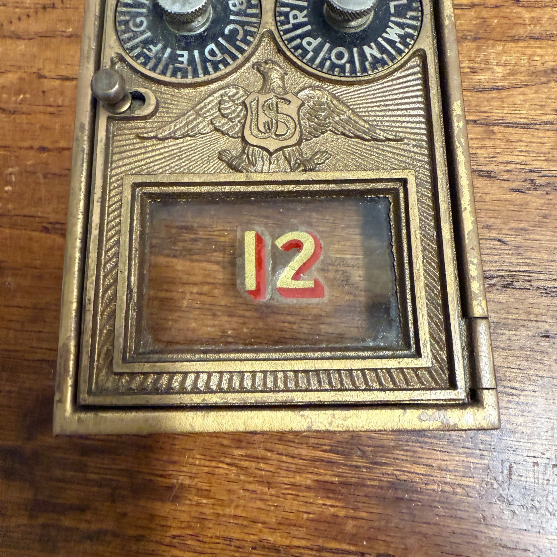 Antique Solid Brass US Post Office Eagle Box Door Corbin 2 Dial Combination USPS #12