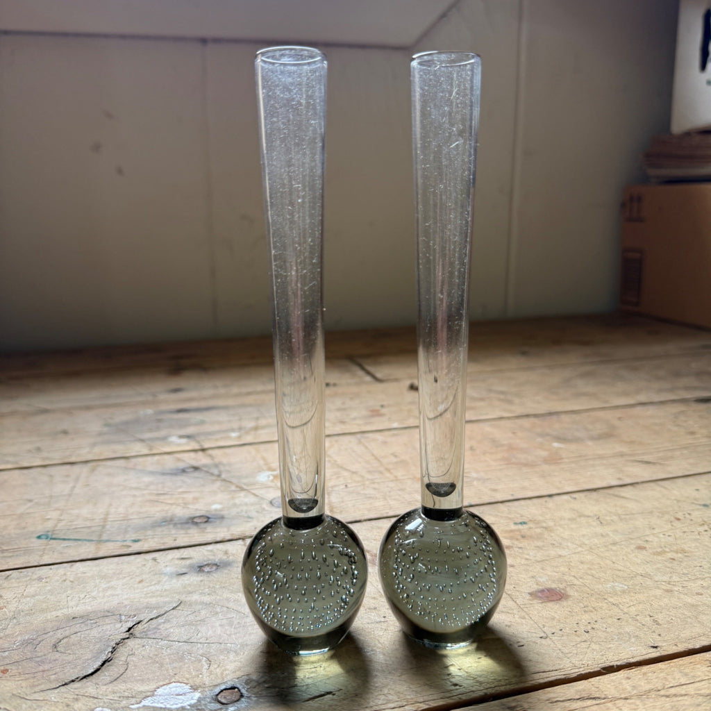 Vintage MCM Controlled Bubble Glass Gray Bud Vase Pair Black Holmegaard Danish