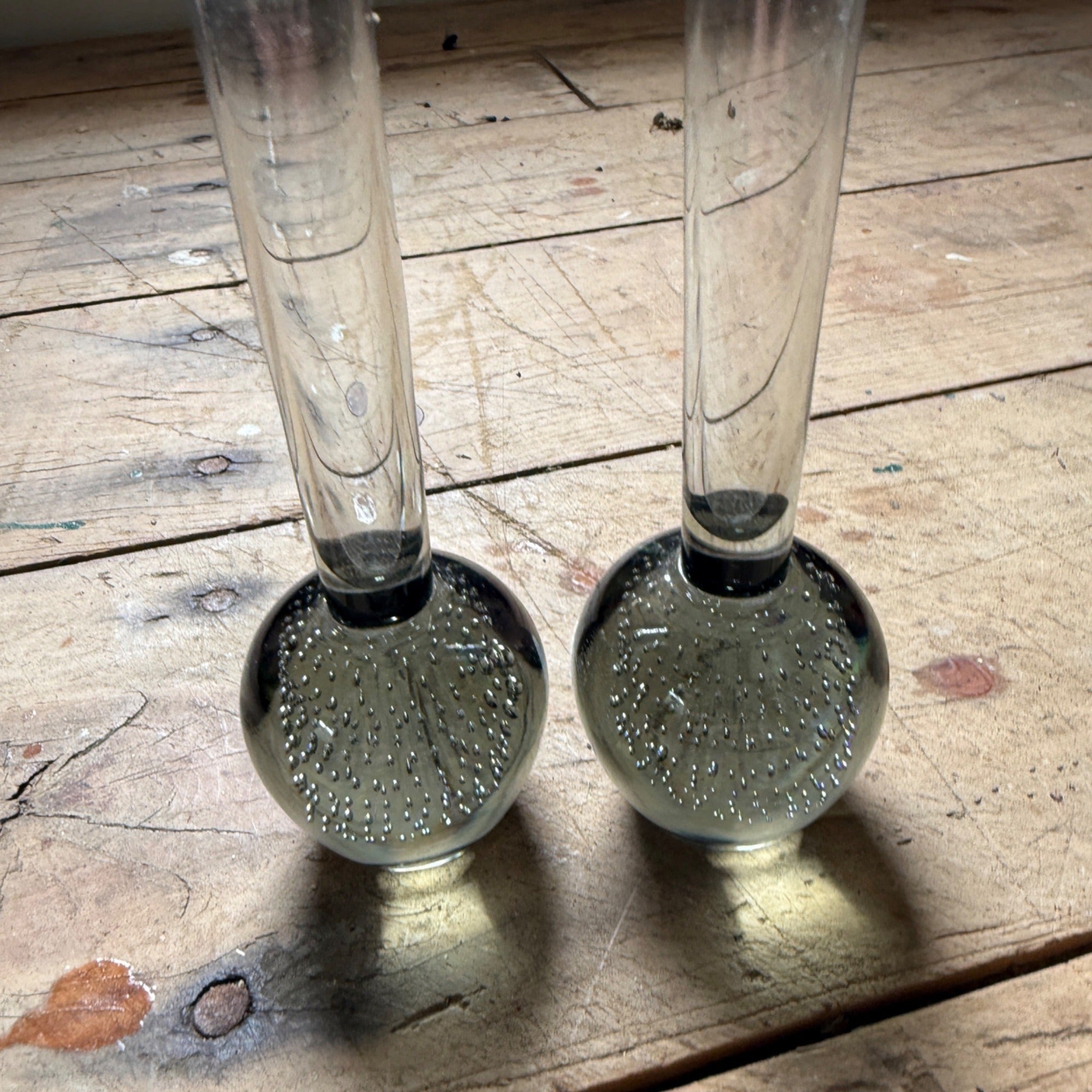 Vintage MCM Controlled Bubble Glass Gray Bud Vase Pair Black Holmegaard Danish