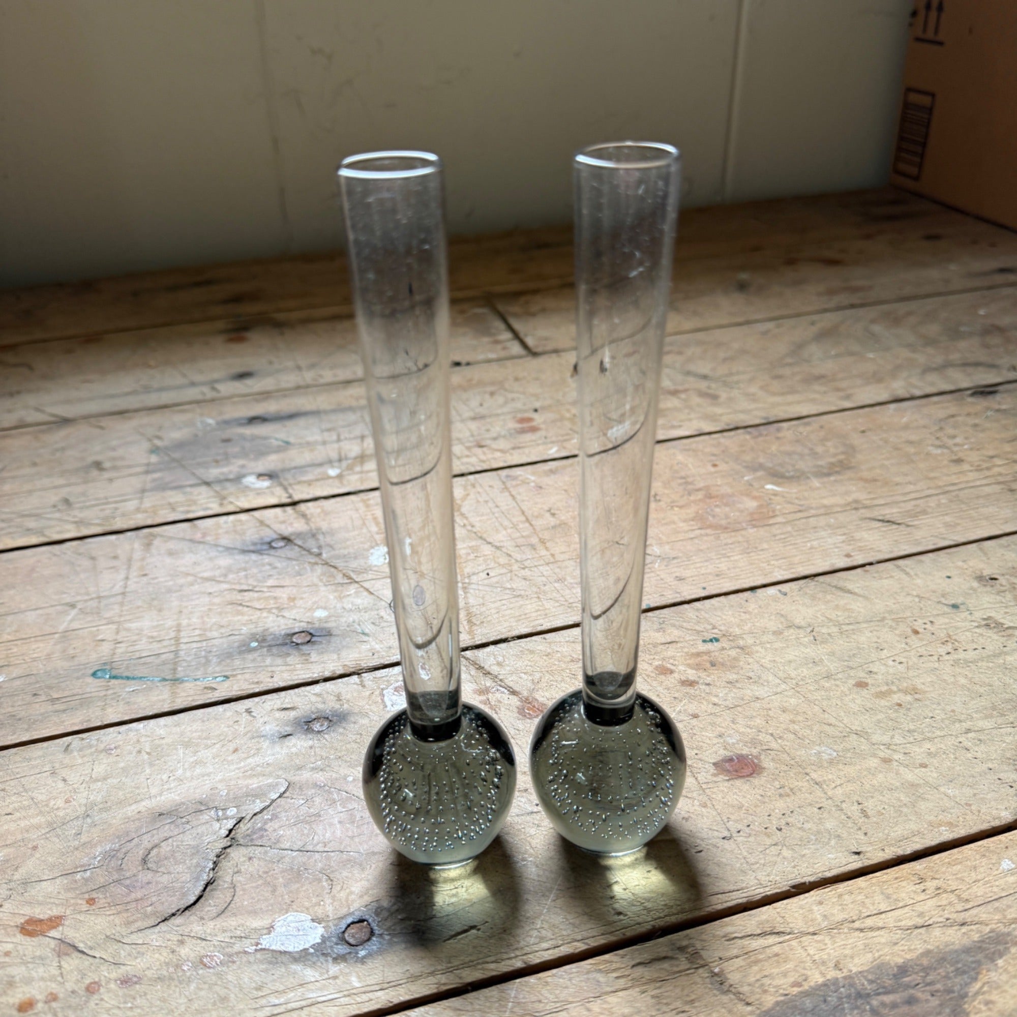 Vintage MCM Controlled Bubble Glass Gray Bud Vase Pair Black Holmegaard Danish
