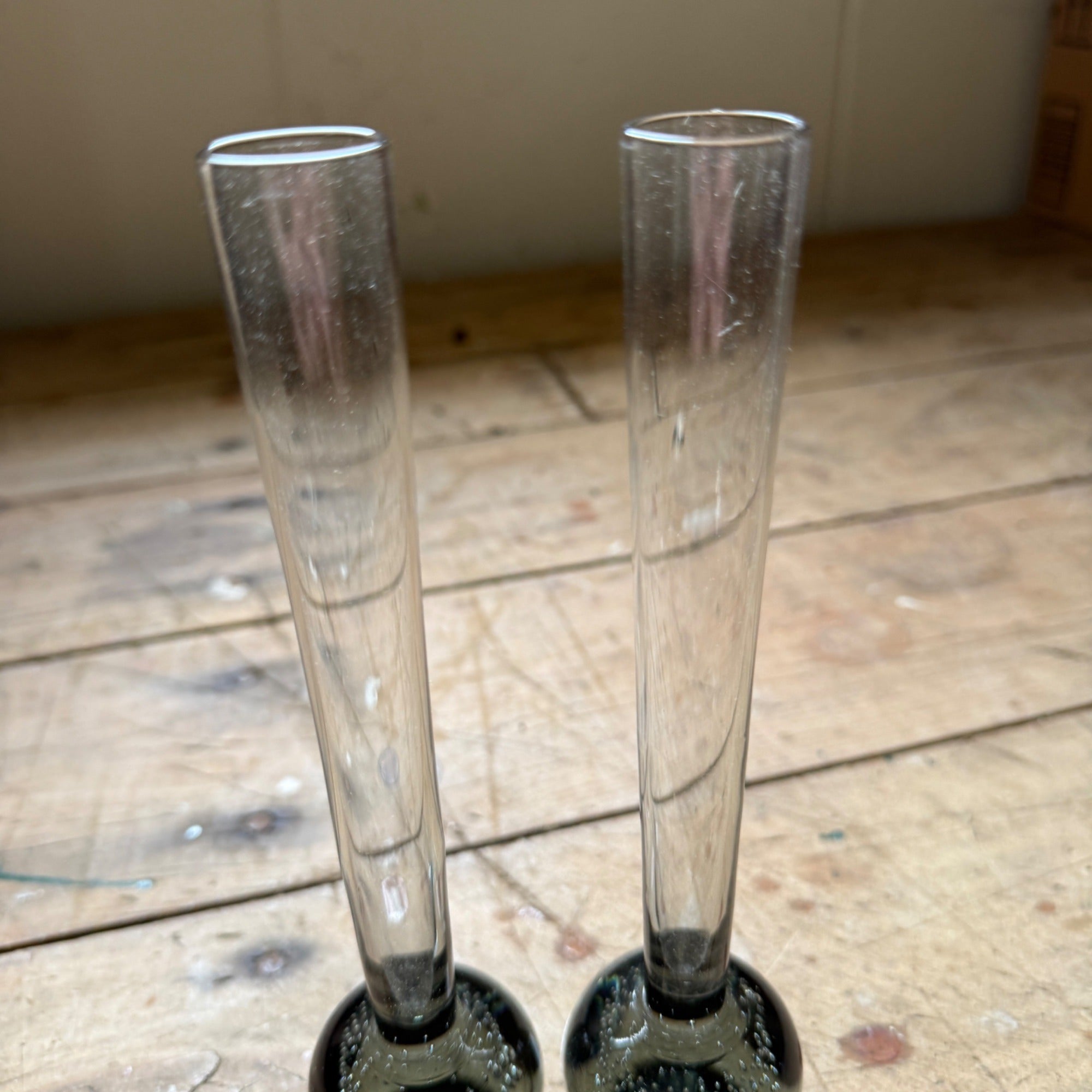 Vintage MCM Controlled Bubble Glass Gray Bud Vase Pair Black Holmegaard Danish