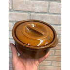 Vintage Mid Century Brown Glazed Stoneware Covered Casserole Bean Pot Dish