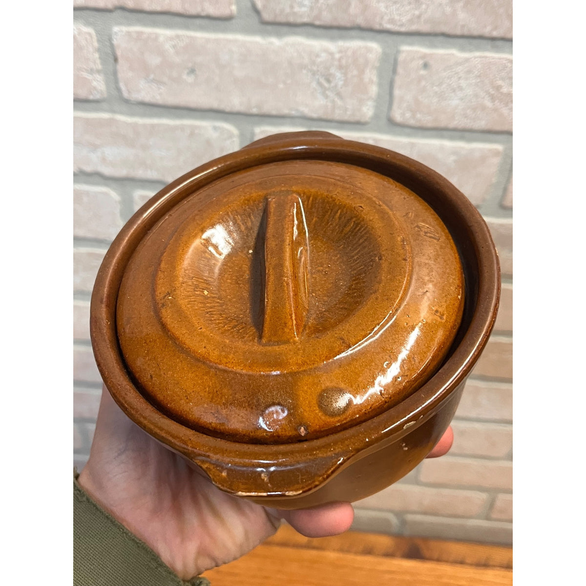 Vintage Mid Century Brown Glazed Stoneware Covered Casserole Bean Pot Dish