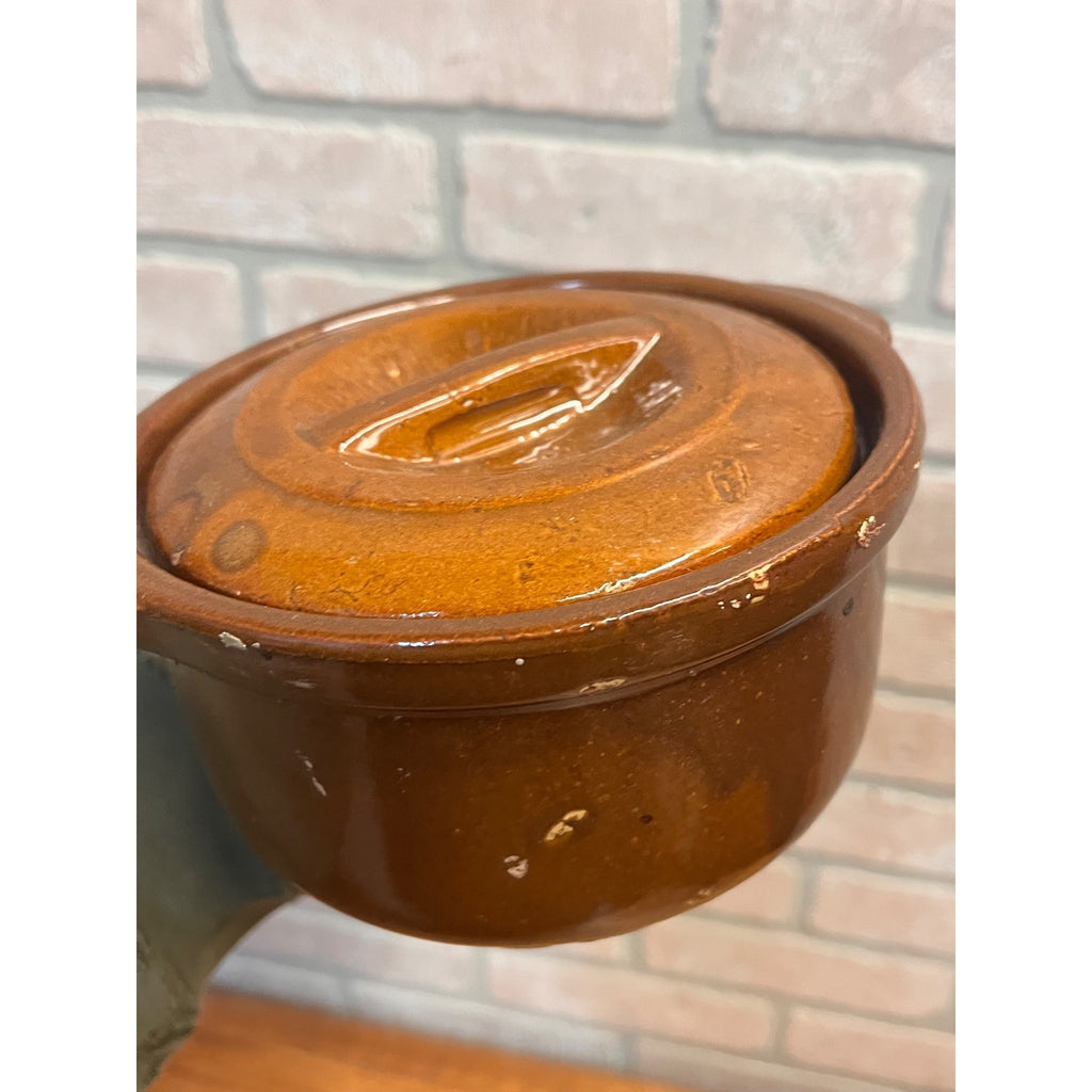 Vintage Mid Century Brown Glazed Stoneware Covered Casserole Bean Pot Dish