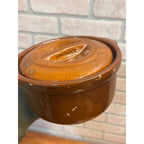 Vintage Mid Century Brown Glazed Stoneware Covered Casserole Bean Pot Dish