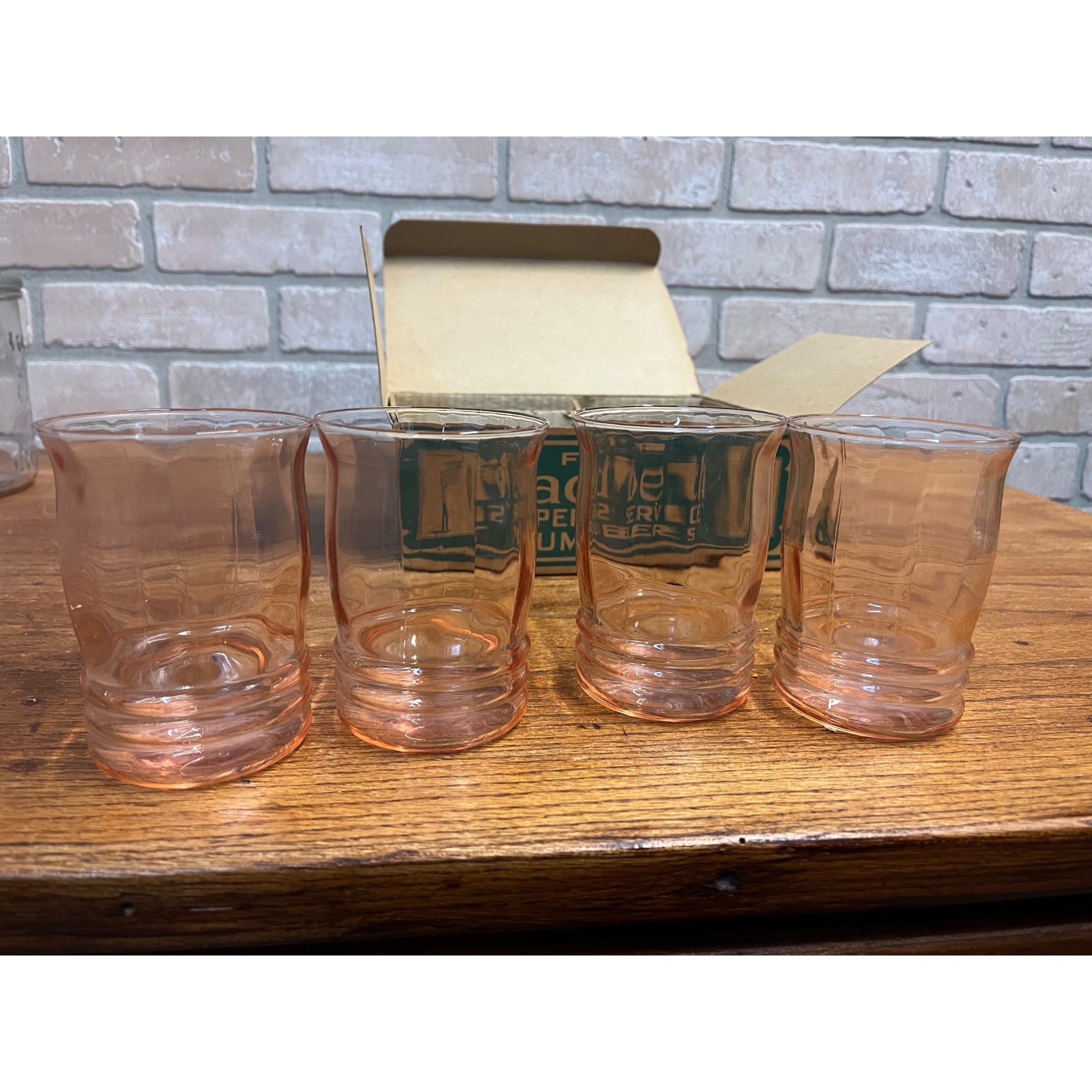 Vintage MacBeth Evans 1930s Pink Depression 4" Paneled Flat Tumbler Set 4 w/ Box