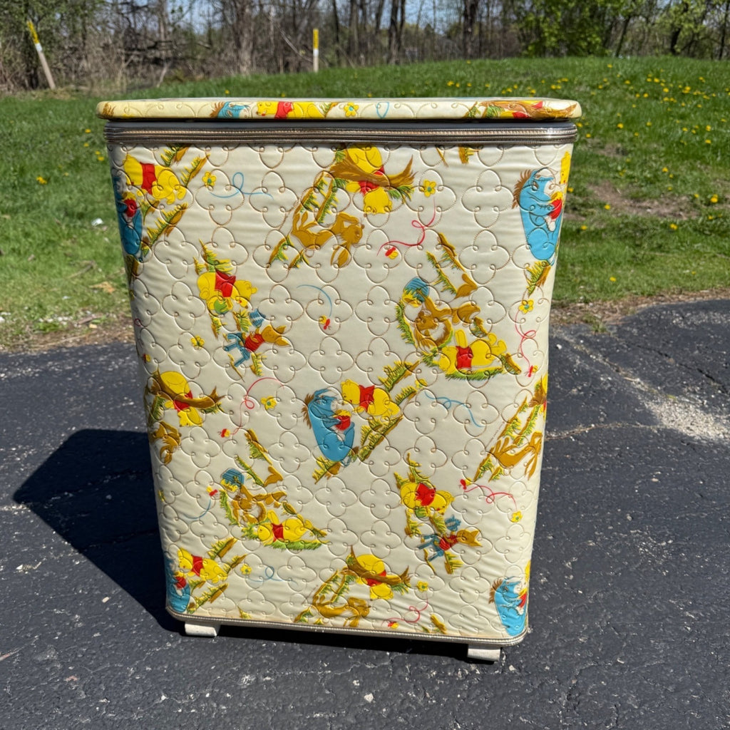 Vintage Winnie The Pooh Vinyl Quilted Clothes Hamper Laundry Basket RARE Disney