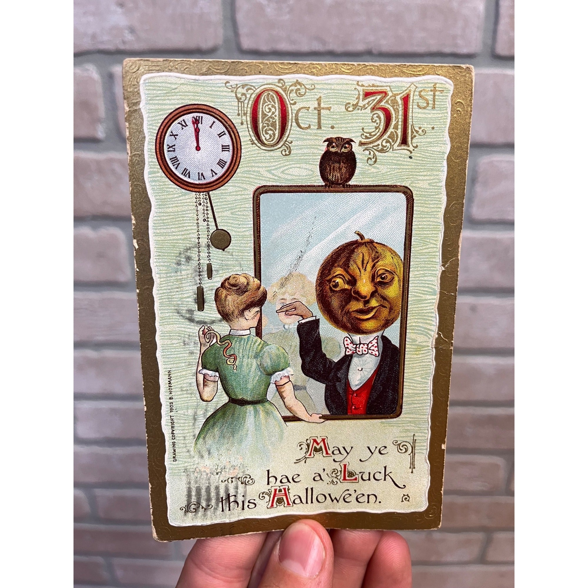 Woman, JOL Headed Man In Mirror, Gottschalk Hofmann 2097 Halloween EMBO Postcard