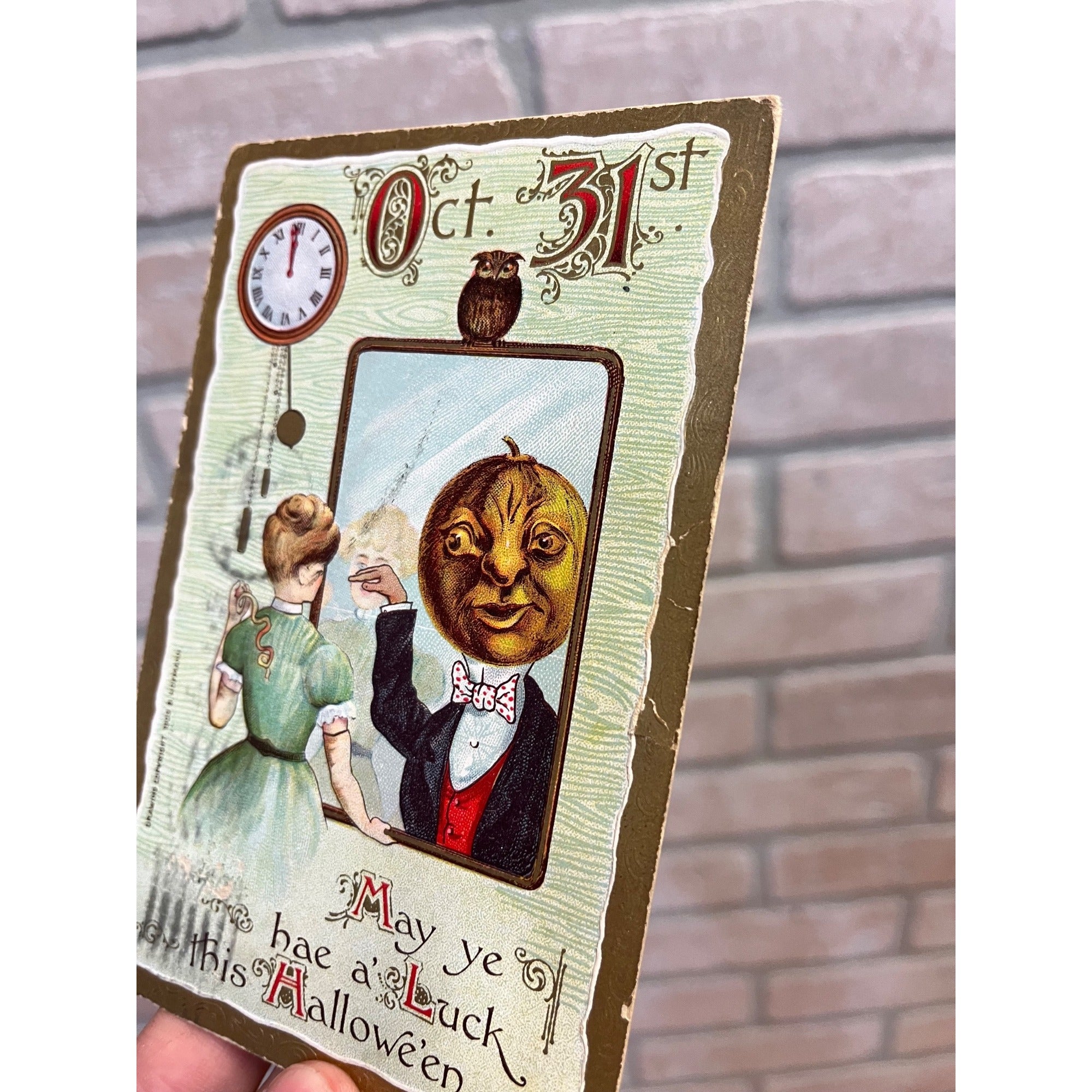Woman, JOL Headed Man In Mirror, Gottschalk Hofmann 2097 Halloween EMBO Postcard