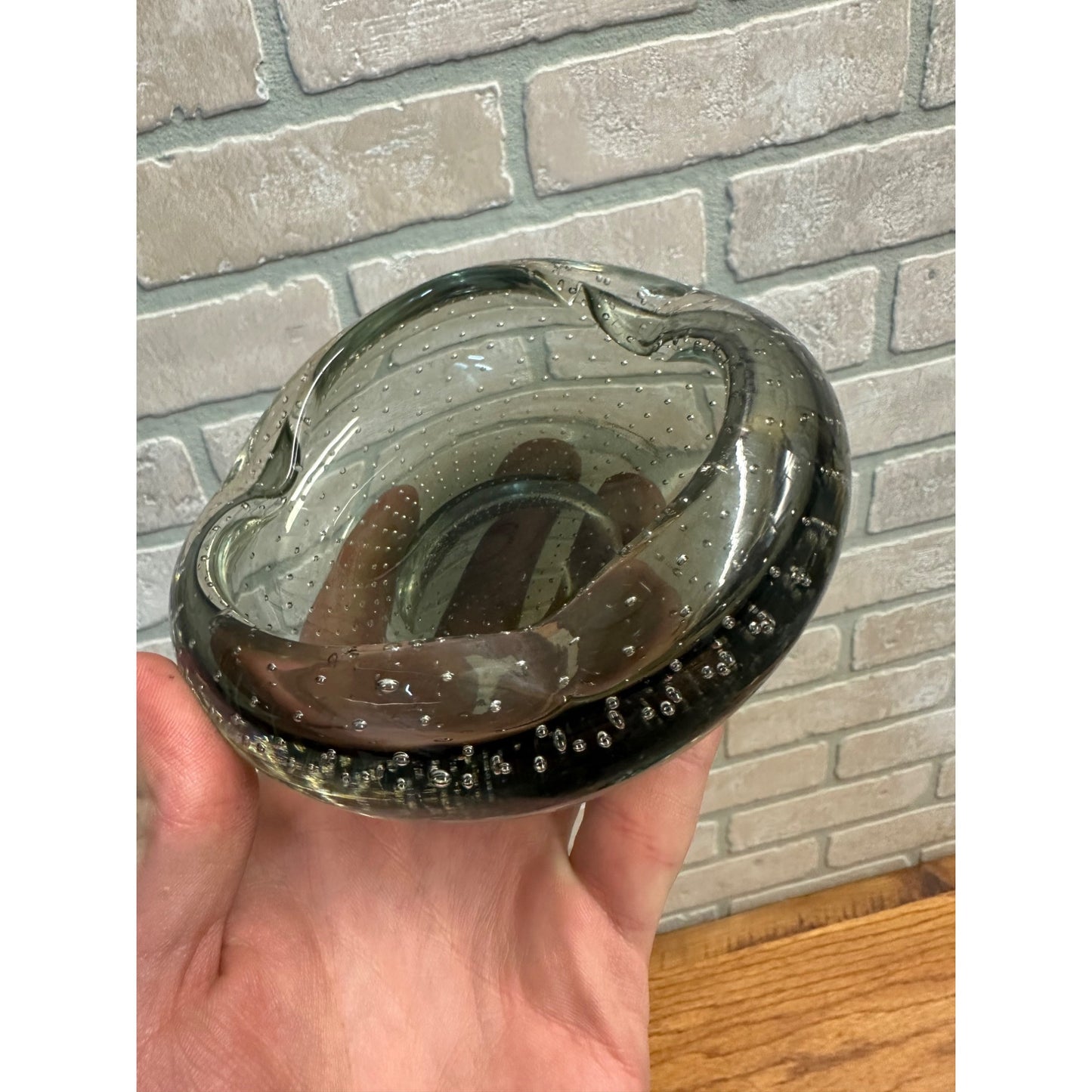 Mid Century Modern Carl Erickson Art Glass Smokey Grey Controlled Bubble Ashtray