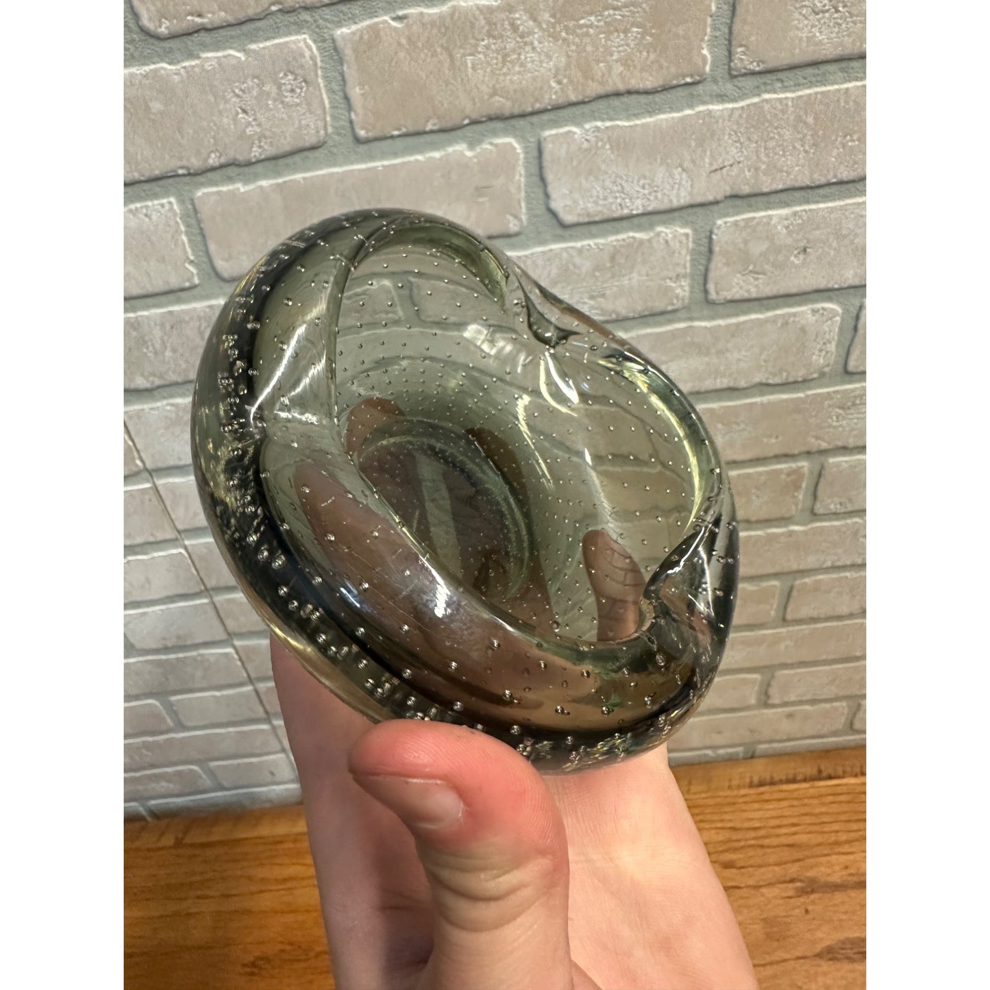 Mid Century Modern Carl Erickson Art Glass Smokey Grey Controlled Bubble Ashtray