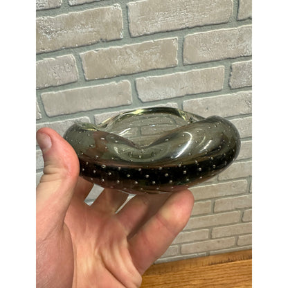 Mid Century Modern Carl Erickson Art Glass Smokey Grey Controlled Bubble Ashtray