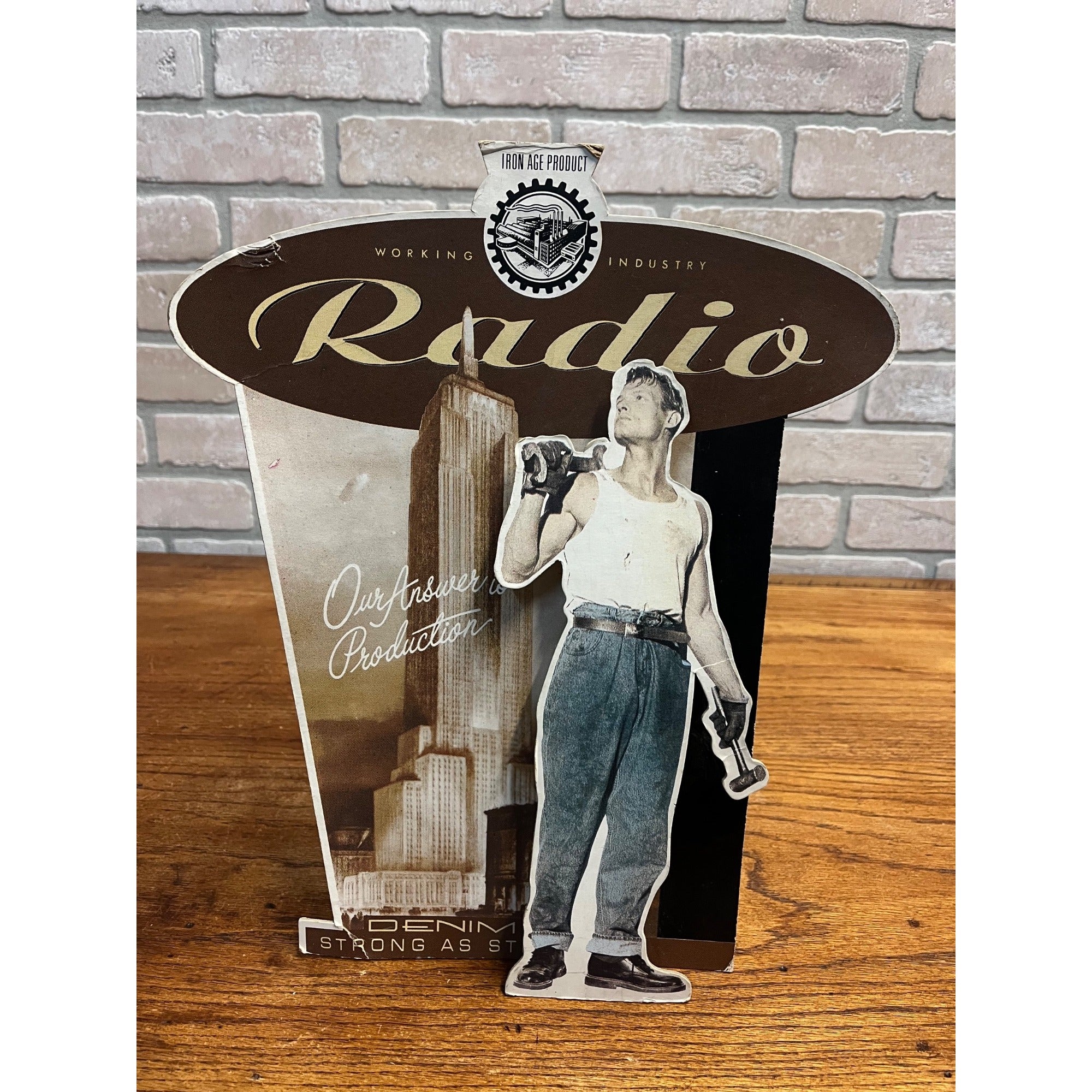 Vintage 90s Iron Age Radio Denim Advertisign Workwear Store Display Sign