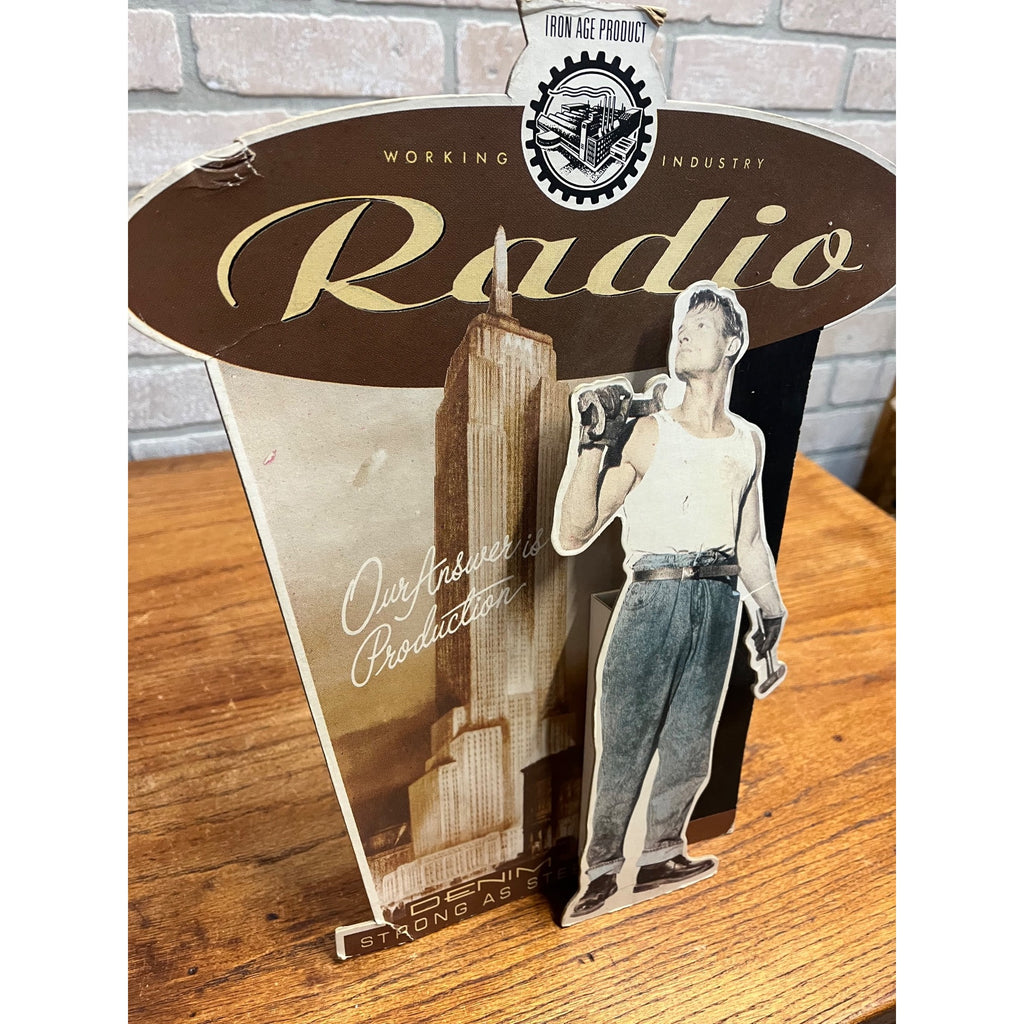 Vintage 90s Iron Age Radio Denim Advertisign Workwear Store Display Sign