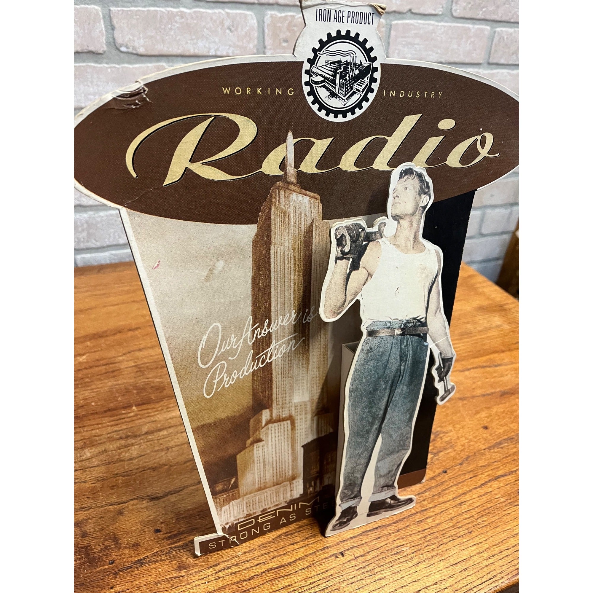Vintage 90s Iron Age Radio Denim Advertisign Workwear Store Display Sign