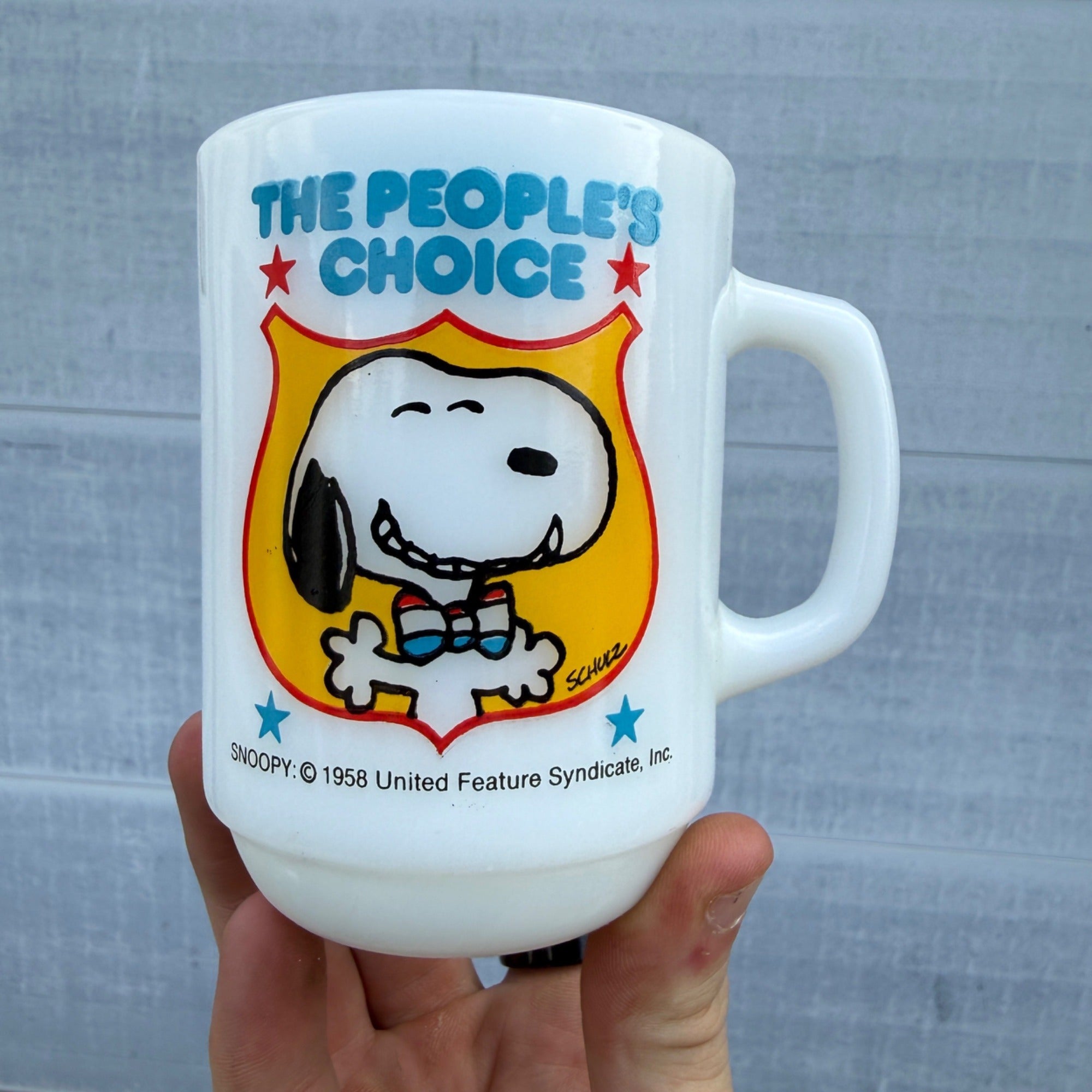 1980 Peanuts Snoopy "The People's Choice" Anchor Hocking Fire King Glass Mug