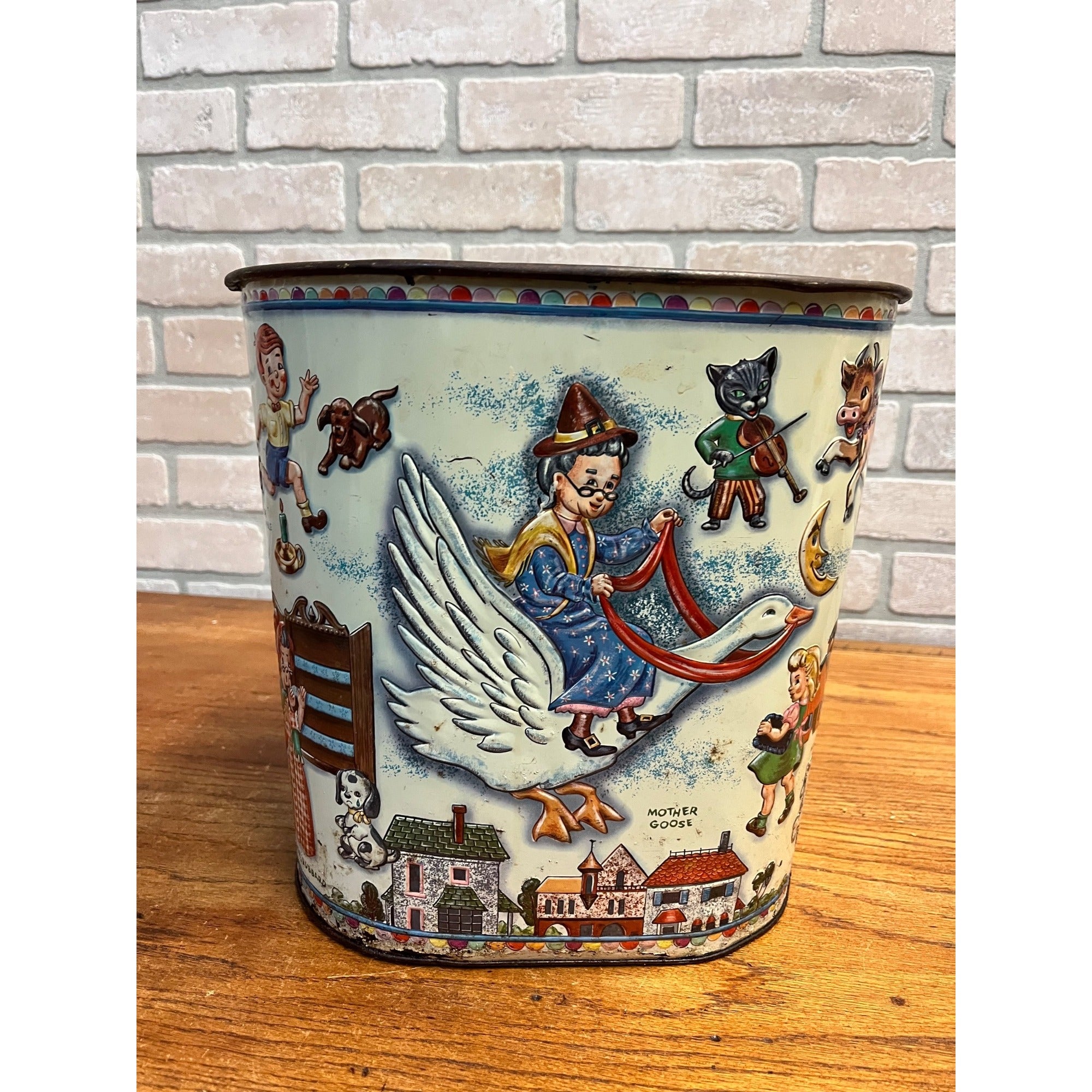 Vintage Weibro Metal Child's Mother Goose Nursery Rhymes Trash Can Waste Basket