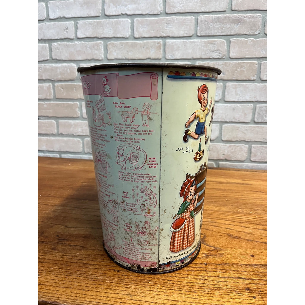 Vintage Weibro Metal Child's Mother Goose Nursery Rhymes Trash Can Waste Basket