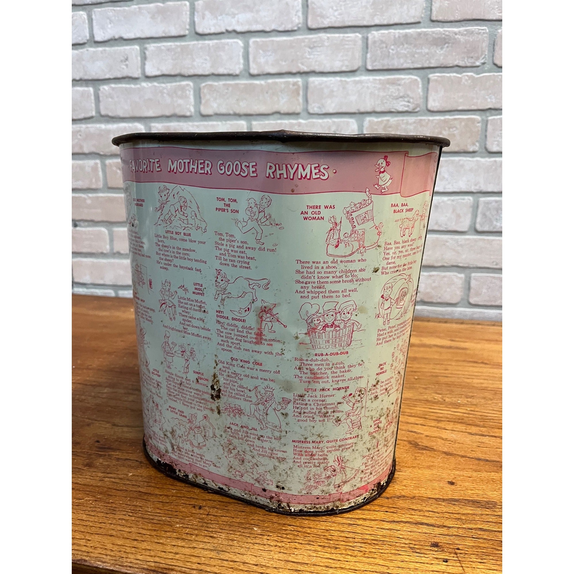 Vintage Weibro Metal Child's Mother Goose Nursery Rhymes Trash Can Waste Basket
