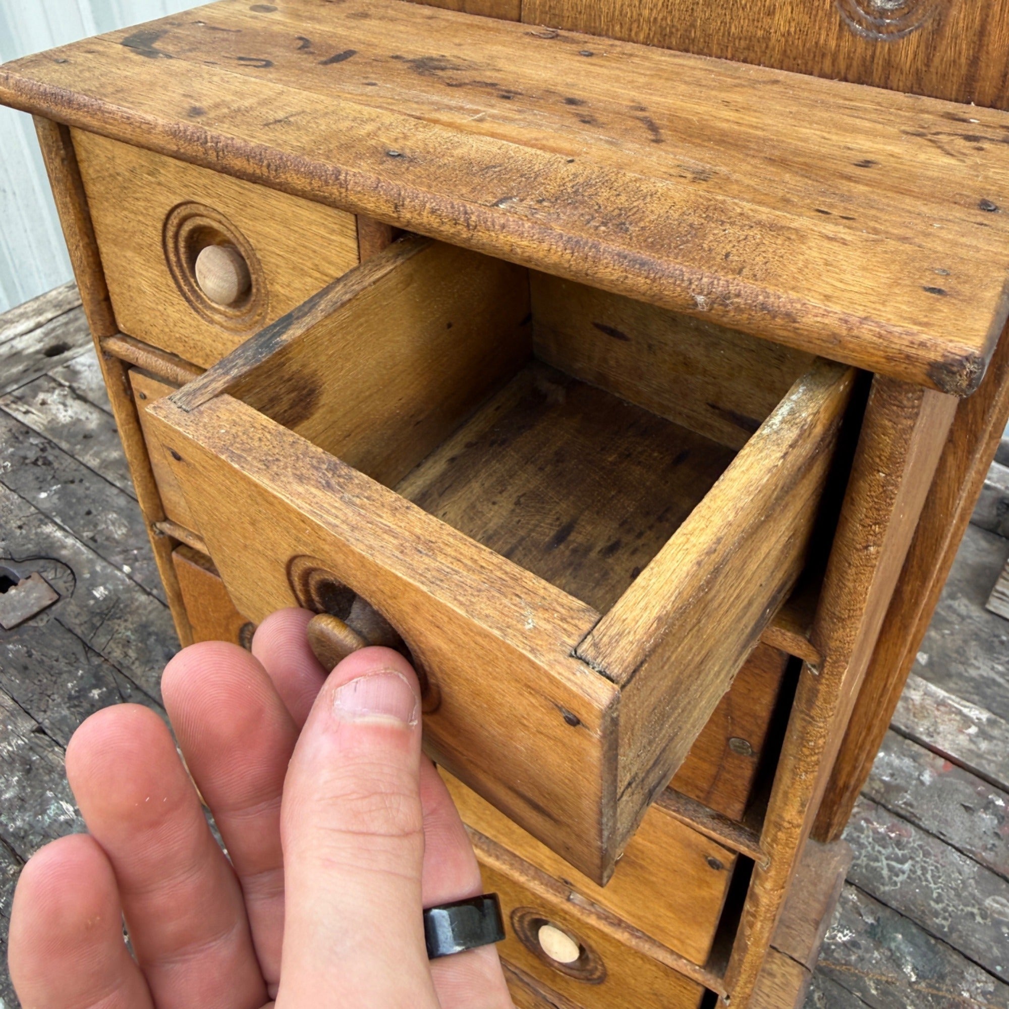 Antique Primitive 8-Drawer Spice Cabinet Wall Hanging Farmhouse Apothecary Cupboard