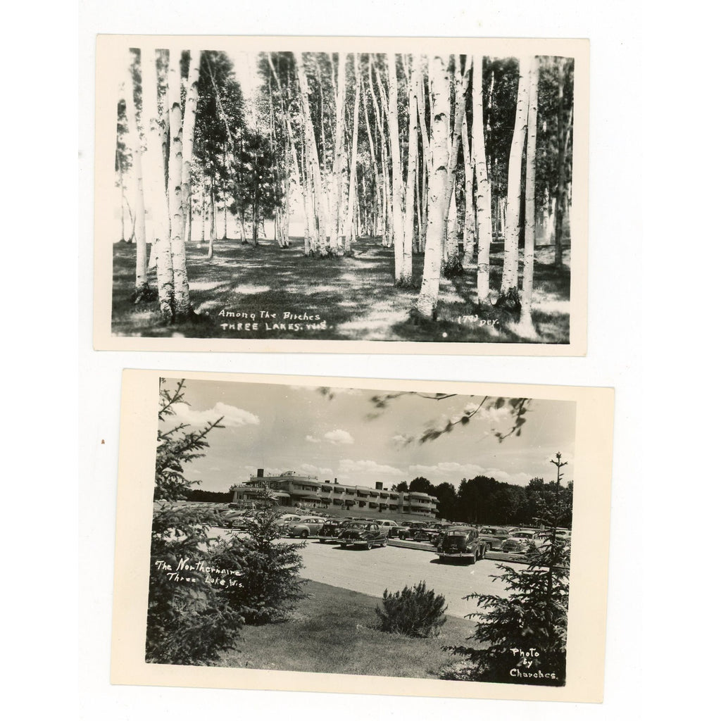 (2) Vintage Three Lakes Wis RPPC Northern Cabin Woods Northernaire Postcards